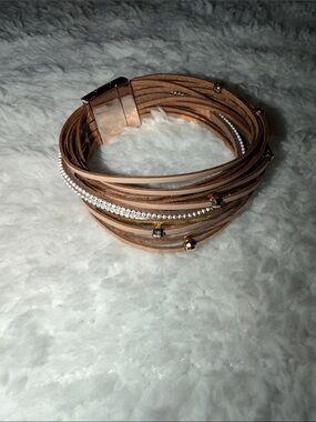 Brown Multi-Strand Wrap Bracelet with Crystal Row